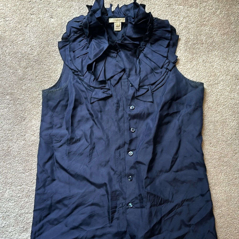 J. Crew Silk Navy Blouse with Ruffled Collar